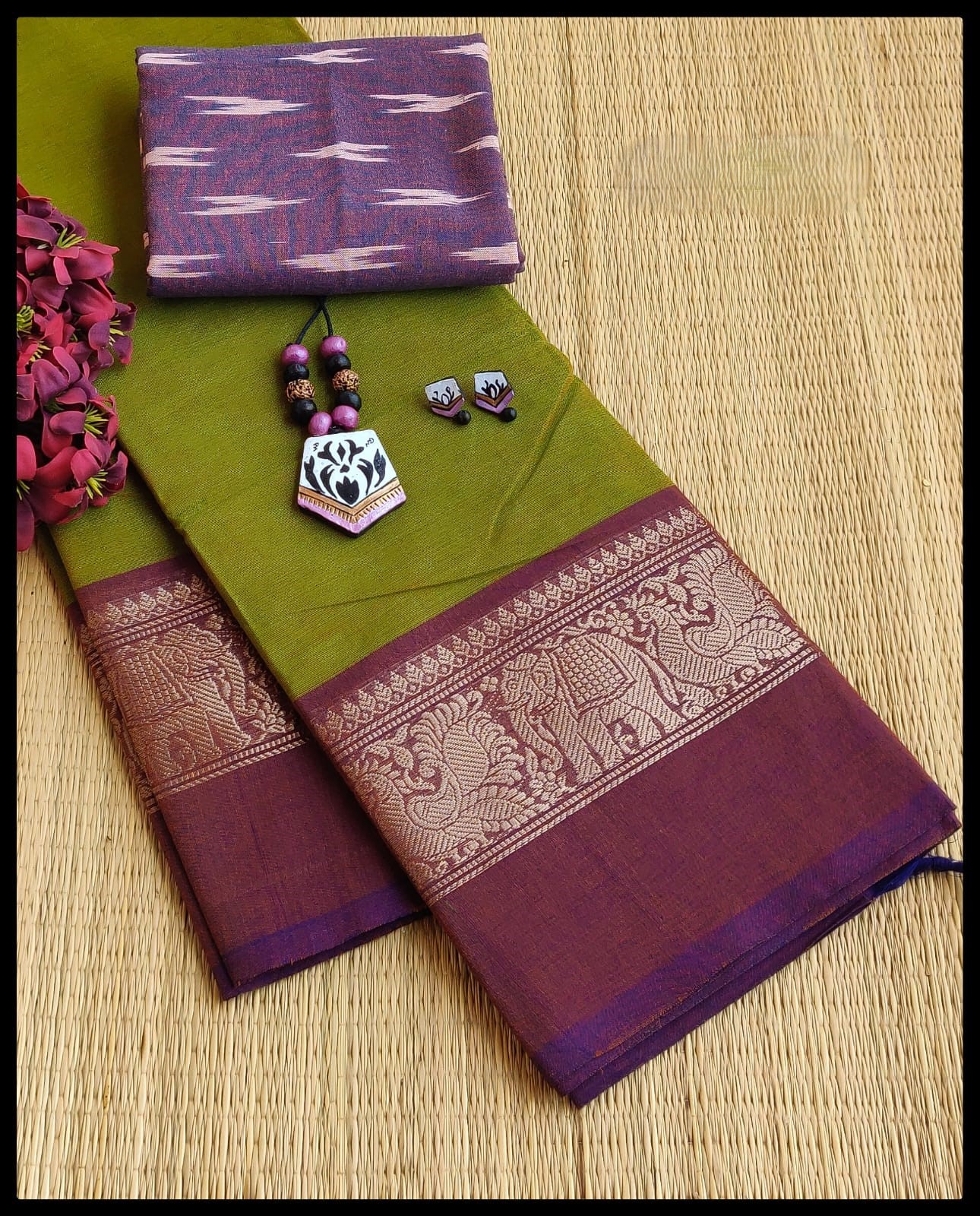 Maroon Peacock Zari Border Chettinad Cotton Saree
